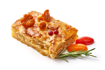 Baked potato casserole, restaurant food, isolated on white background
