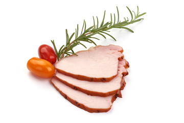 Sliced pork loin, boiled ham, isolated on white background