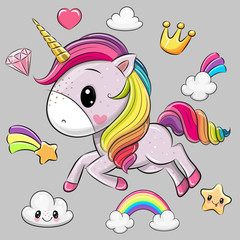 Cartoon Unicorn and set of cute design elements