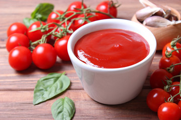 ketchup on the table. Tomato sauce, fresh tomatoes, spices.