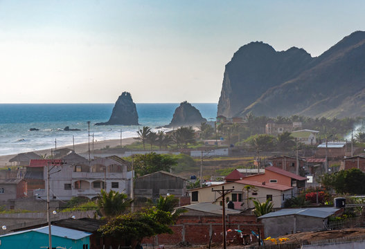 High view of the town and beach of San Lorenzo, Manabi, Ecuador, close to sunset.