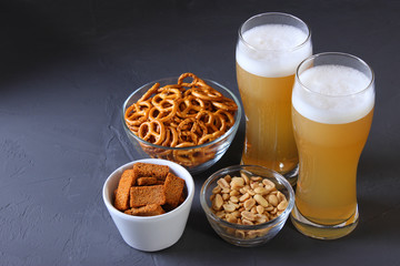 beer and snacks on the table. Beer snacks.