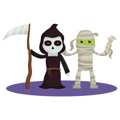 little kids with death and mummy costumes characters