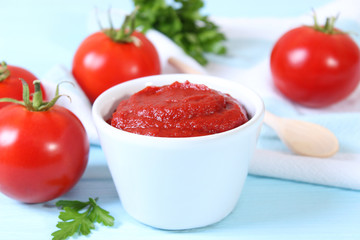 Tomato paste of fresh tomato on the table.