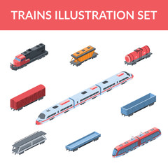 Train railway set vector 3d isometric, color web icons set, new flat style. Creative illustration design, idea for infographics.