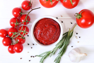 Tomato paste on the table top view. Tomato sauce.