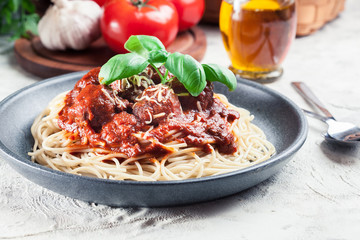 Spaghetti pasta with meatballs and tomato sauce