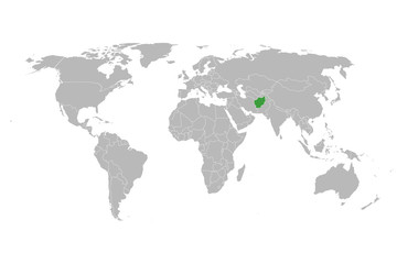 Fototapeta na wymiar World map with highlighted green marked afghanistan