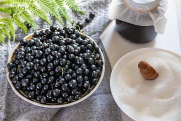Black Currant Jam close-up. Blackcurrant berries in a bowl on the kitchen