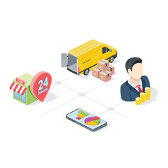 Online Store e-commerce Delivery. Vector 3d isometric, color web icon, new flat style. Creative illustration design, idea for infographics.