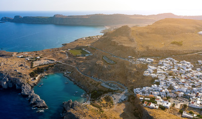 Aerial birds eye view drone photo Saint Paul bay near village Lindos, Rhodes island, Dodecanese,...