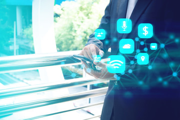 businessman hand finger touch on screen smartphone device for connecting to social network internet digital with data safety security cloud storage ai
