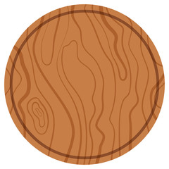 Empty wooden texture cutting and serving round kitchen board flat design icon illustration isolated on white background.