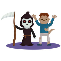 little kids with death and werewolf costumes characters