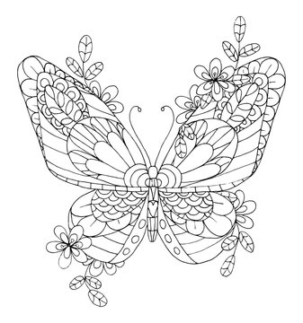 Butterfly with flowers. Coloring for kids and adults. Coloring page, zen art
