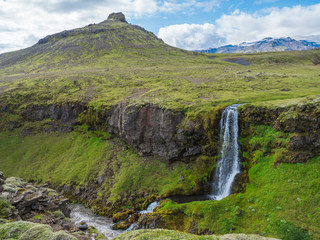 Fototapeta na wymiar Beautifull waterfall on the Skoga River with no people on famous Fimmvorduhals trail second part of Laugavegur trek. Summer landscape on a sunny day. Amazing in nature. August 2019, South Iceland