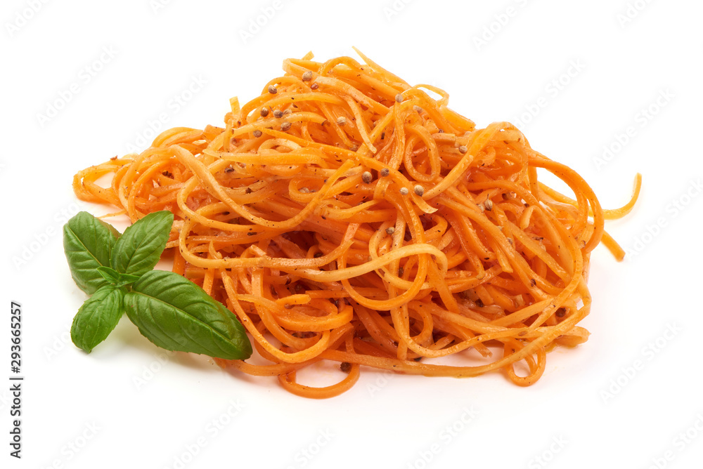 Wall mural Grated raw carrot. Raw korean asian salad carrots, isolated on white background