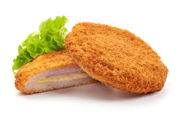 Fried Chicken schnitzel cordon bleu with cheese in breadcrumbs, restaurant food, isolated on white background