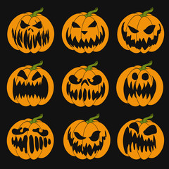 Halloween stencil. Vector illustration of Jack-o'-lantern for cards, banners, stickers, flyers. Colored set of pumpkin's faces on black background.