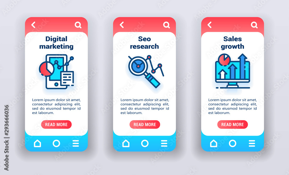 Poster marketing on mobile app onboarding screens. banners for website and mobile kit development.