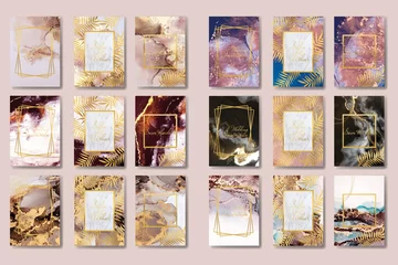 Küchenrückwand glas motiv the big set of liquid marble with gold. flyer, business card, flyer, brochure, poster, for printing. trend vector © chikovnaya