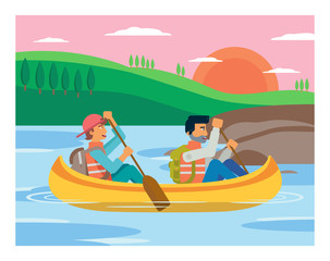 Tourists enjoy water rafting vector illustration