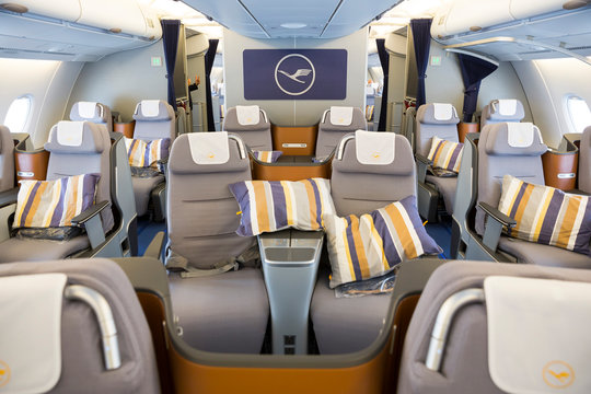 Sofia, Bulgaria - October 16, 2016: The inside of Lufthansa Airbus A380 airplane. The Airbus A380 is a double-deck, wide-body, four-engine jet airliner