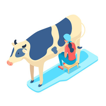 recommend clip art: Woman milking cow isometric vector illustration