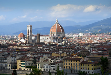 View of the Cathedral of Santa Maria del Fiore as seen from Piazzale Michelangelo. Is the Cathedral of Florence, Italy.