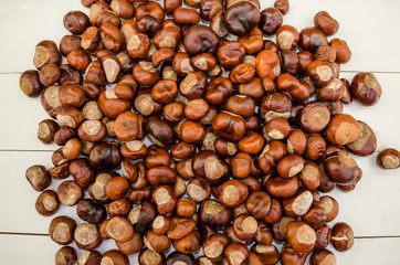 many chestnuts on a white table. View from above.