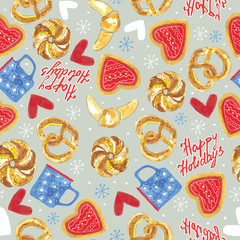 seamless pattern with gingerbread hearts