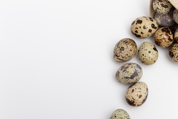 Fototapeta premium Quail eggs in fabric holder on white background. Free copy space.
