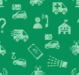 Emergency service, seamless pattern, color, hatching, green, vector. Emergency medical and fire assistance, reference services. Imitation of pencil hatching. Green pictures on a green field.  