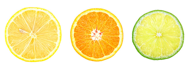 Lemon, orange and lime - slices isolated on a white background, top view. Citrus fruit.