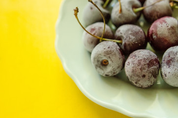 cherry berries cherries frozen by frost on a bright background