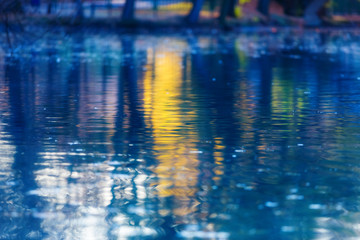 Blurred bright reflections of sunset and tree trunks on the water surface at dusk. Deep blue and yellow colored background