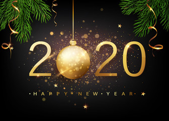 2020 Happy new year. Gold Numbers Design of greeting card of Falling Shiny Confetti. Gold Shining Pattern. Happy New Year Banner with 2020 Numbers on Bright Background. Vector illustration.