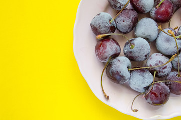 cherry berries cherries frozen by frost on a bright background