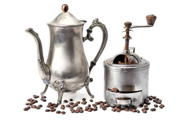 Old coffepot, grinder coffee and beans isolated on white background.