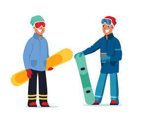 Happy snowboarders flat vector illustration