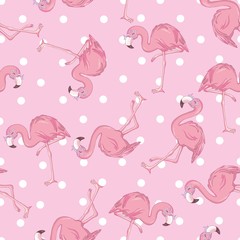 Seamless pattern with cartoon pink flamingo
