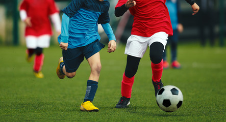 Fototapeta na wymiar Duel of two young soccer players. Football match for kids. Training and football soccer tournament for children. Junior level soccer game. Footballers in red and blue jersey shirts. Autumn season