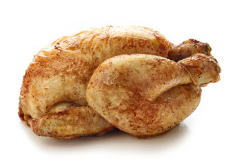 Roasted whole chicken isolated on white background