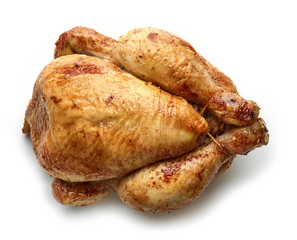 Roasted whole chicken isolated on white background
