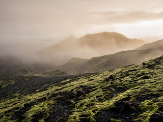 Moss covered black volcanic mountains near Langisjor Iceland