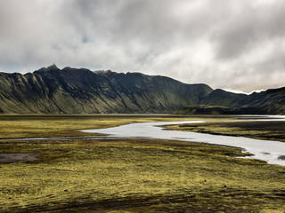 Moss covered black volcanic mountains near Langisjor Iceland
