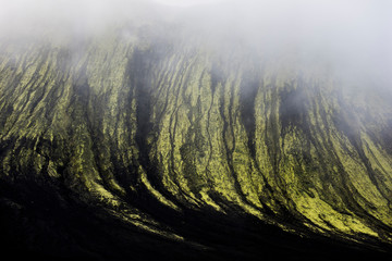 Moss covered black volcanic mountains near Langisjor Iceland and fog