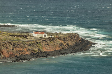 Aerial view of Punta Llana, where is the Ermita de Nuestra Senora de Guadalupe at La Gomera. Hiking...