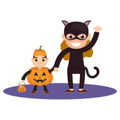 little boy with pumpkin and gatubela costume characters