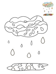 Vector monochrome decorative illustration. Black and white coloring book for kids or adults, which contain outline image for coloring. Fabulous cloud with autumn puddle and rain with big drops.